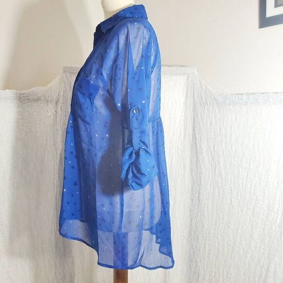 Express Blue Star Print Sheer Blouse Size Small - Picture 3 of 8